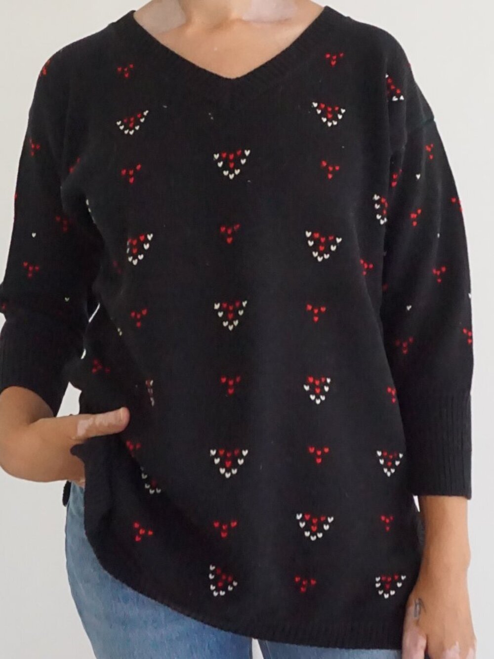 Vintage Linda Allard Ellen Tracy Black Knit Hearts Embroidered Cotton Sweater S